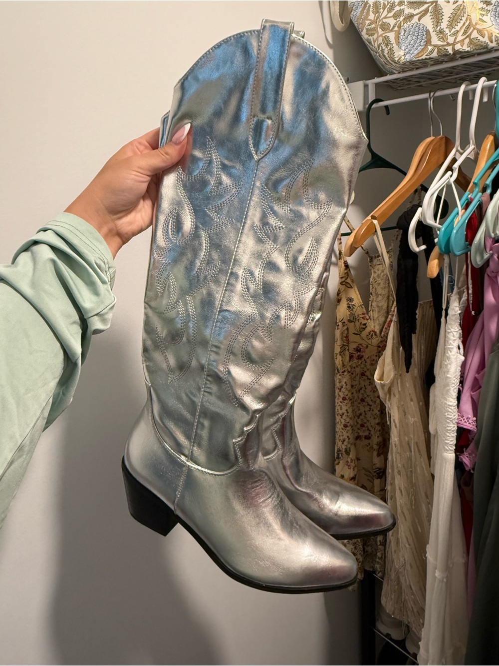 Silver Metallic Western Knee-High Boots